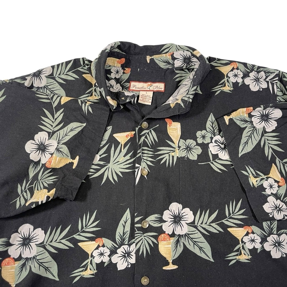 Paradise Blue Large Black Shirt Silk Cotton Tropical Floral‎ Hibiscus Cocktail
